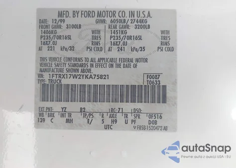 2000 Ford F-150 Lariat/Work Series/Xl/Xlt из США, поврежденный, VIN 1FTRX17W2YKA75821